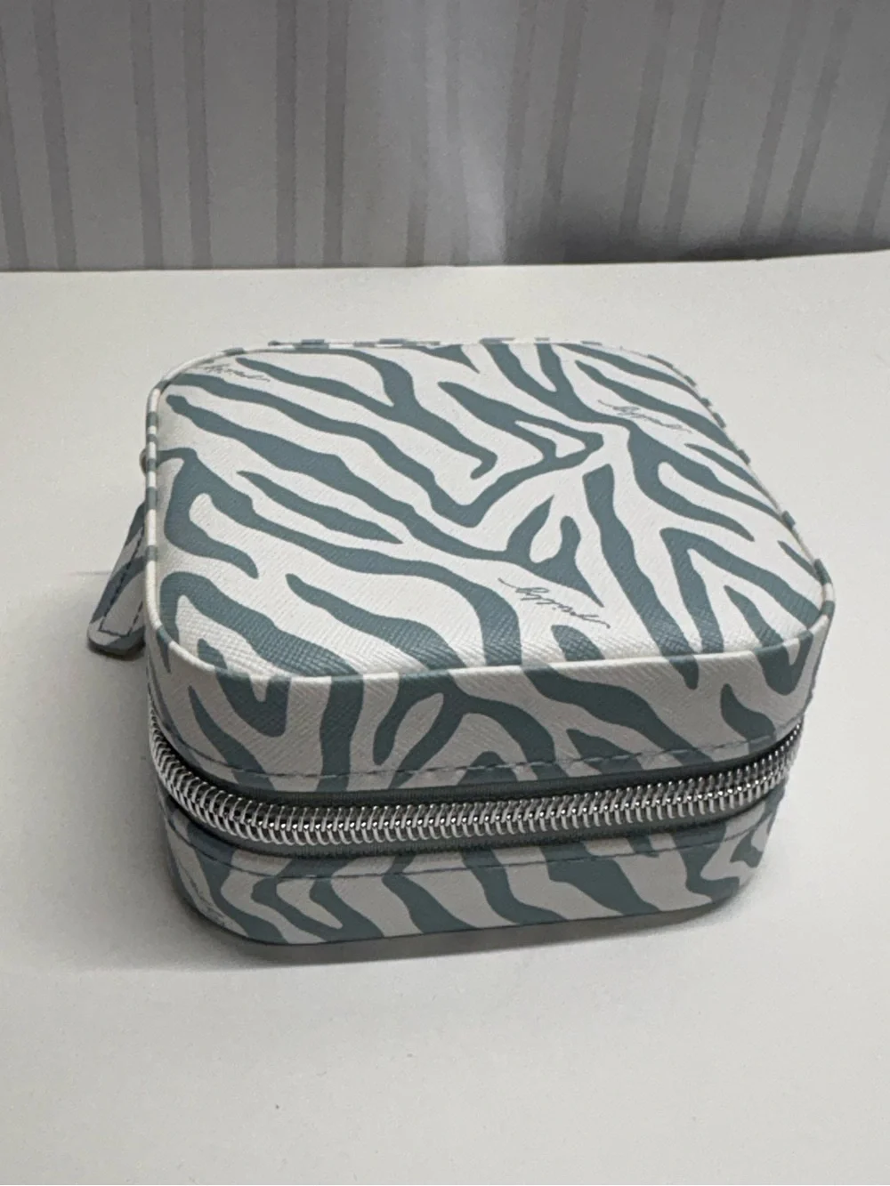 Square Zebra-Print Travel Jewelry Case in Light Teal & White